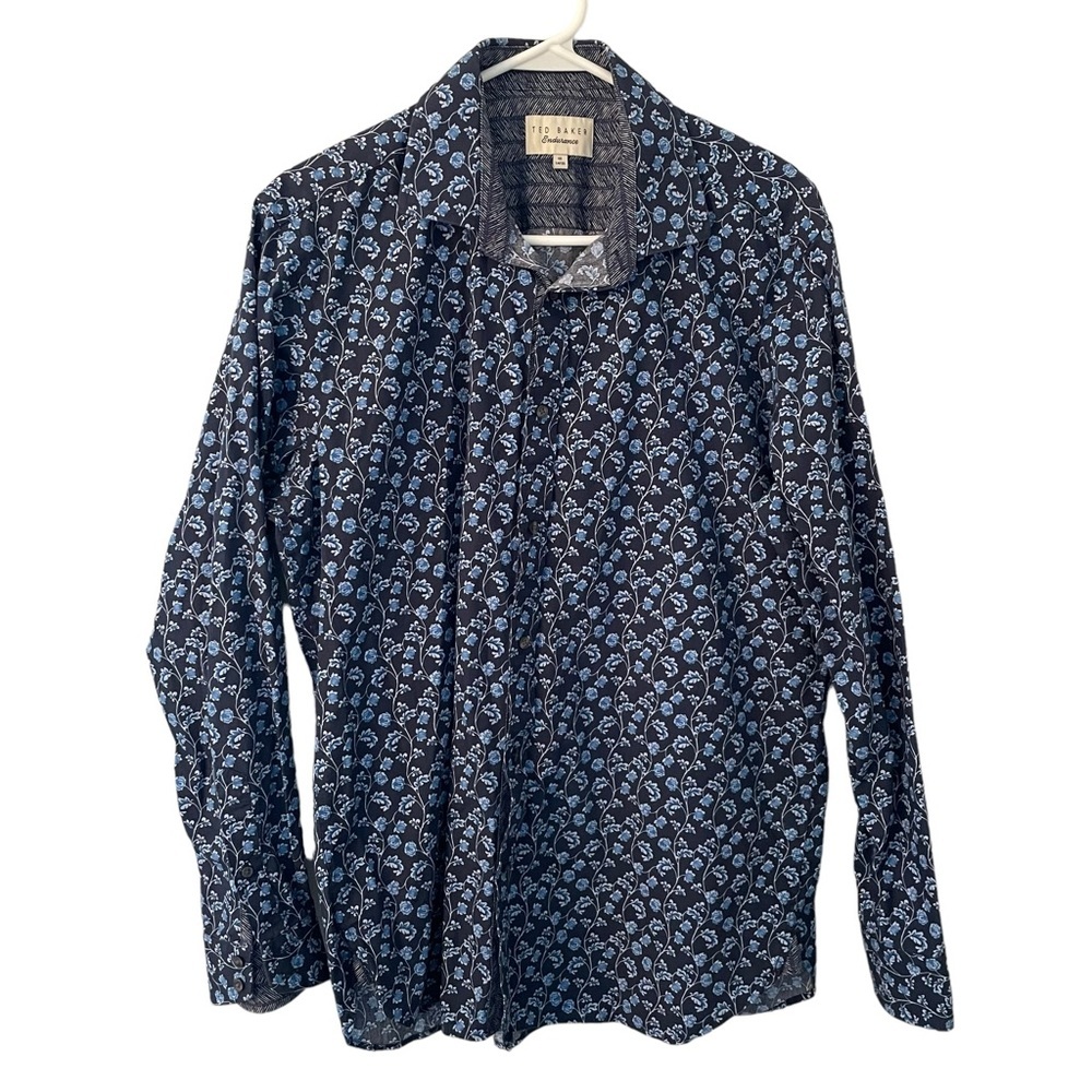 Ted Baker Endurance Blue Floral Button Up Contrasting Cuffs